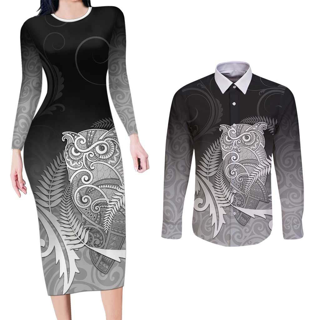 New Zealand Aotearoa Ruru Couples Matching Long Sleeve Bodycon Dress and Long Sleeve Button Shirt Maori Fern Art Black