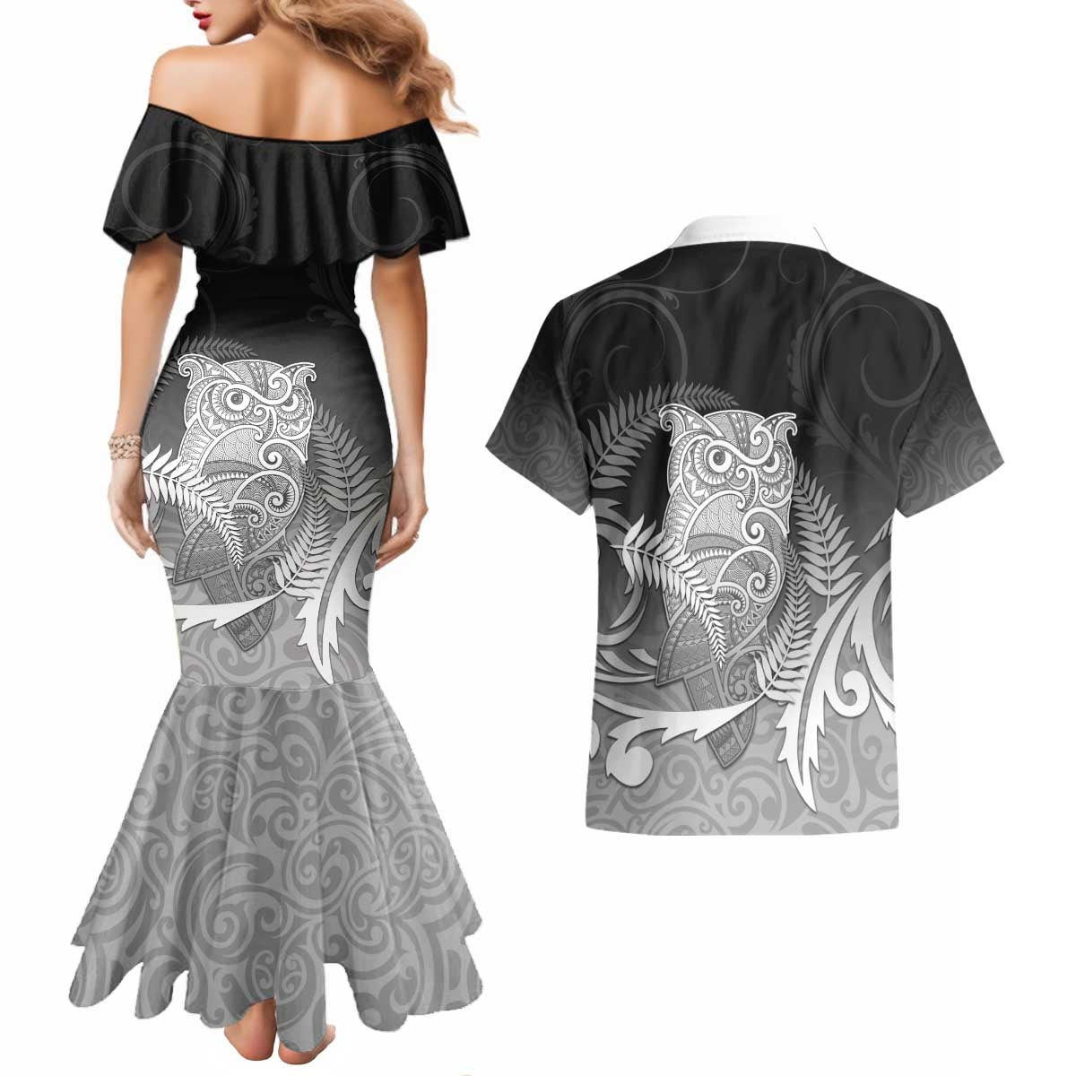 New Zealand Aotearoa Ruru Couples Matching Mermaid Dress and Hawaiian Shirt Maori Fern Art Black