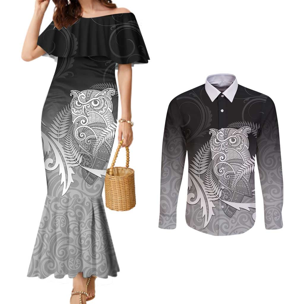 New Zealand Aotearoa Ruru Couples Matching Mermaid Dress and Long Sleeve Button Shirt Maori Fern Art Black