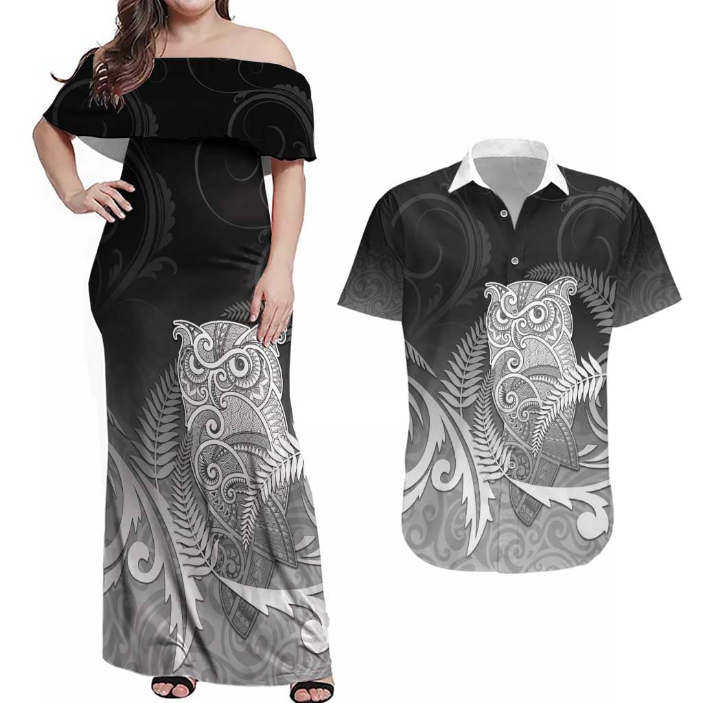 New Zealand Aotearoa Ruru Couples Matching Off Shoulder Maxi Dress and Hawaiian Shirt Maori Fern Art Black LT05 Black - Polynesian Pride