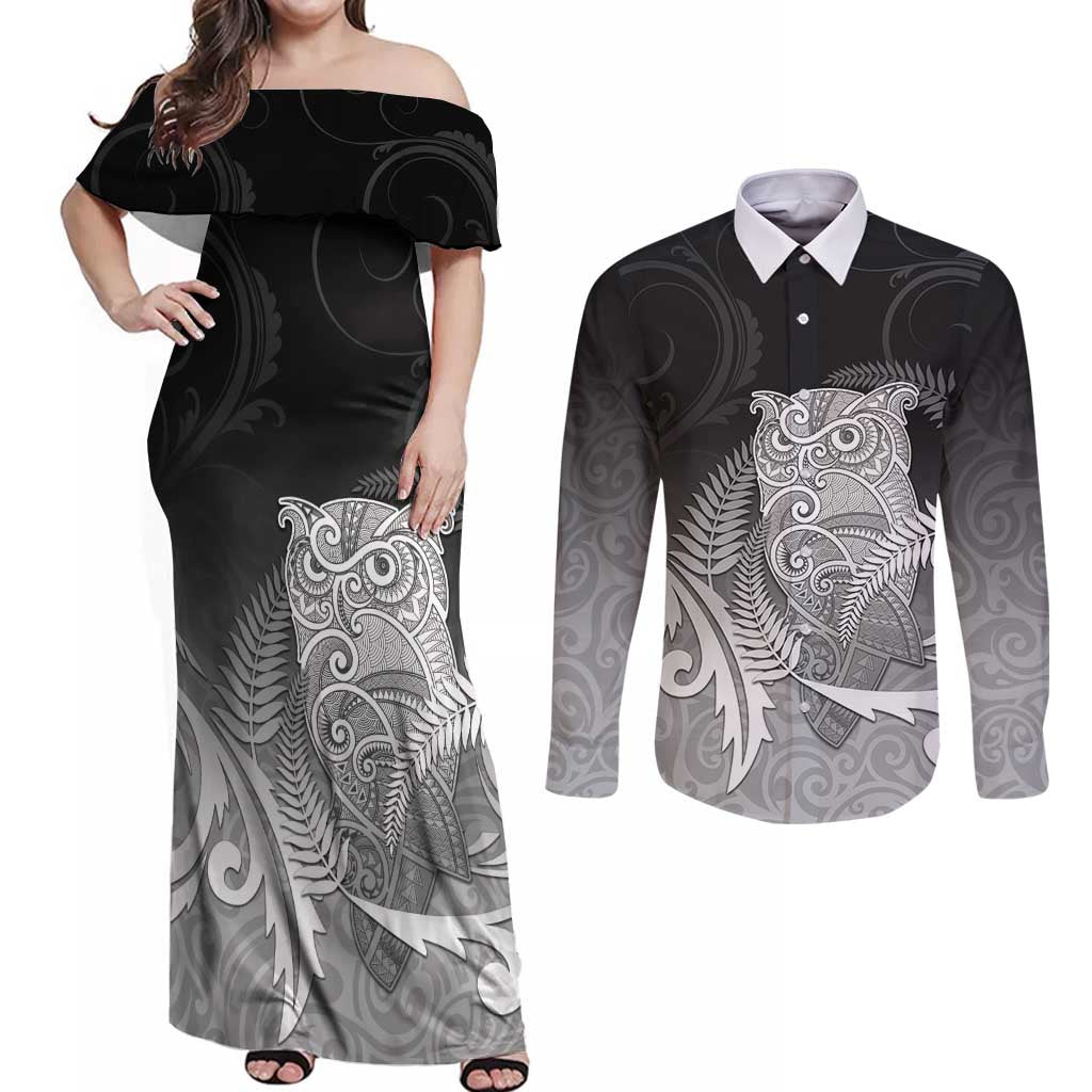 New Zealand Aotearoa Ruru Couples Matching Off Shoulder Maxi Dress and Long Sleeve Button Shirt Maori Fern Art Black