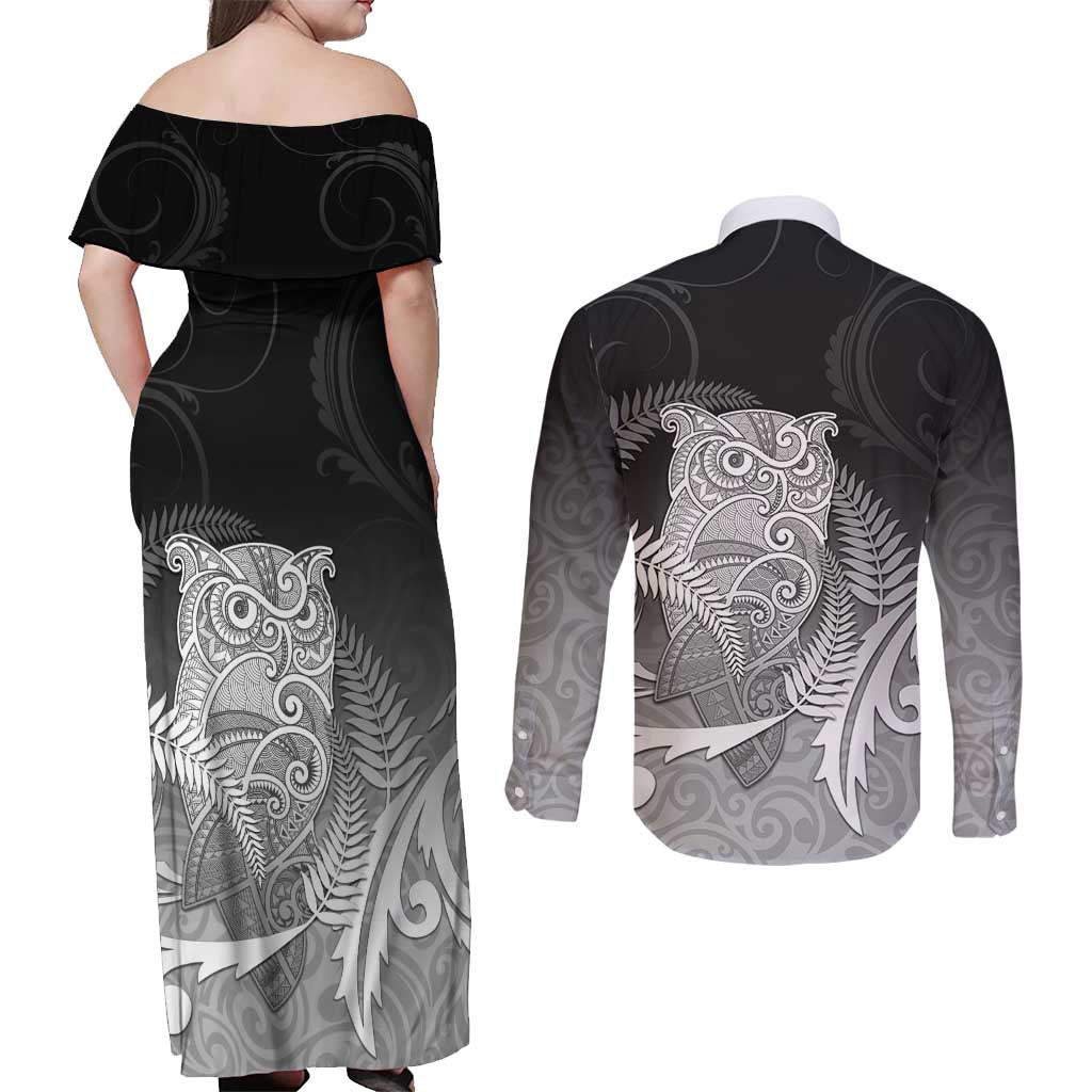 New Zealand Aotearoa Ruru Couples Matching Off Shoulder Maxi Dress and Long Sleeve Button Shirt Maori Fern Art Black