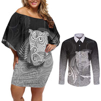 New Zealand Aotearoa Ruru Couples Matching Off Shoulder Short Dress and Long Sleeve Button Shirt Maori Fern Art Black