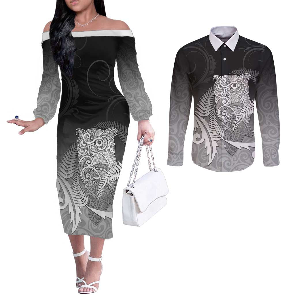 New Zealand Aotearoa Ruru Couples Matching Off The Shoulder Long Sleeve Dress and Long Sleeve Button Shirt Maori Fern Art Black