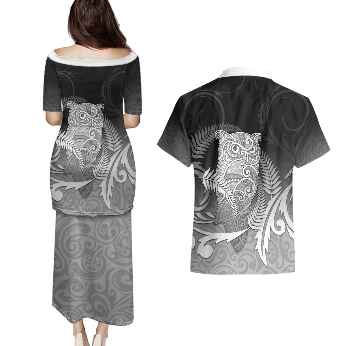 New Zealand Aotearoa Ruru Couples Matching Puletasi and Hawaiian Shirt Maori Fern Art Black