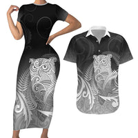 New Zealand Aotearoa Ruru Couples Matching Short Sleeve Bodycon Dress and Hawaiian Shirt Maori Fern Art Black