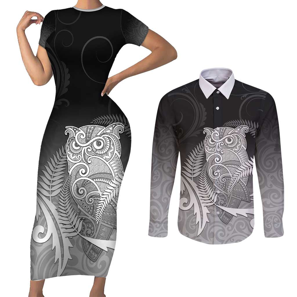 New Zealand Aotearoa Ruru Couples Matching Short Sleeve Bodycon Dress and Long Sleeve Button Shirt Maori Fern Art Black