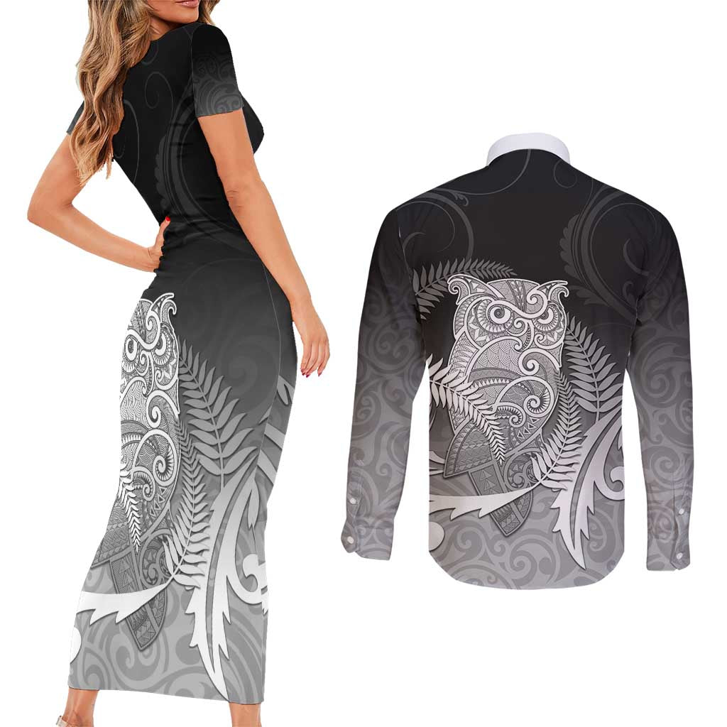 New Zealand Aotearoa Ruru Couples Matching Short Sleeve Bodycon Dress and Long Sleeve Button Shirt Maori Fern Art Black