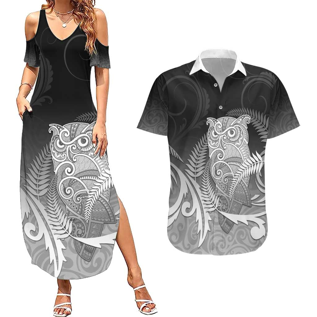 New Zealand Aotearoa Ruru Couples Matching Summer Maxi Dress and Hawaiian Shirt Maori Fern Art Black LT05 Black - Polynesian Pride