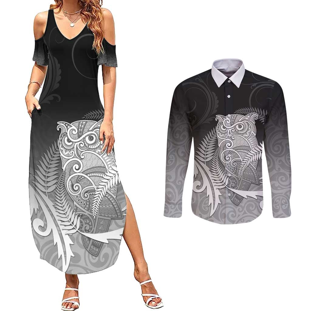 New Zealand Aotearoa Ruru Couples Matching Summer Maxi Dress and Long Sleeve Button Shirt Maori Fern Art Black
