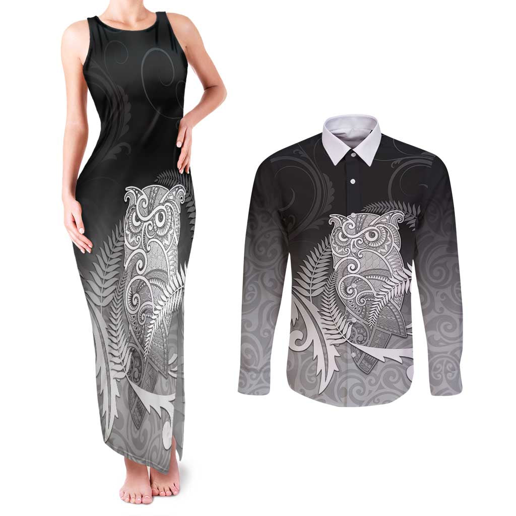 New Zealand Aotearoa Ruru Couples Matching Tank Maxi Dress and Long Sleeve Button Shirt Maori Fern Art Black
