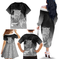 New Zealand Aotearoa Ruru Family Matching Off The Shoulder Long Sleeve Dress and Hawaiian Shirt Maori Fern Art Black