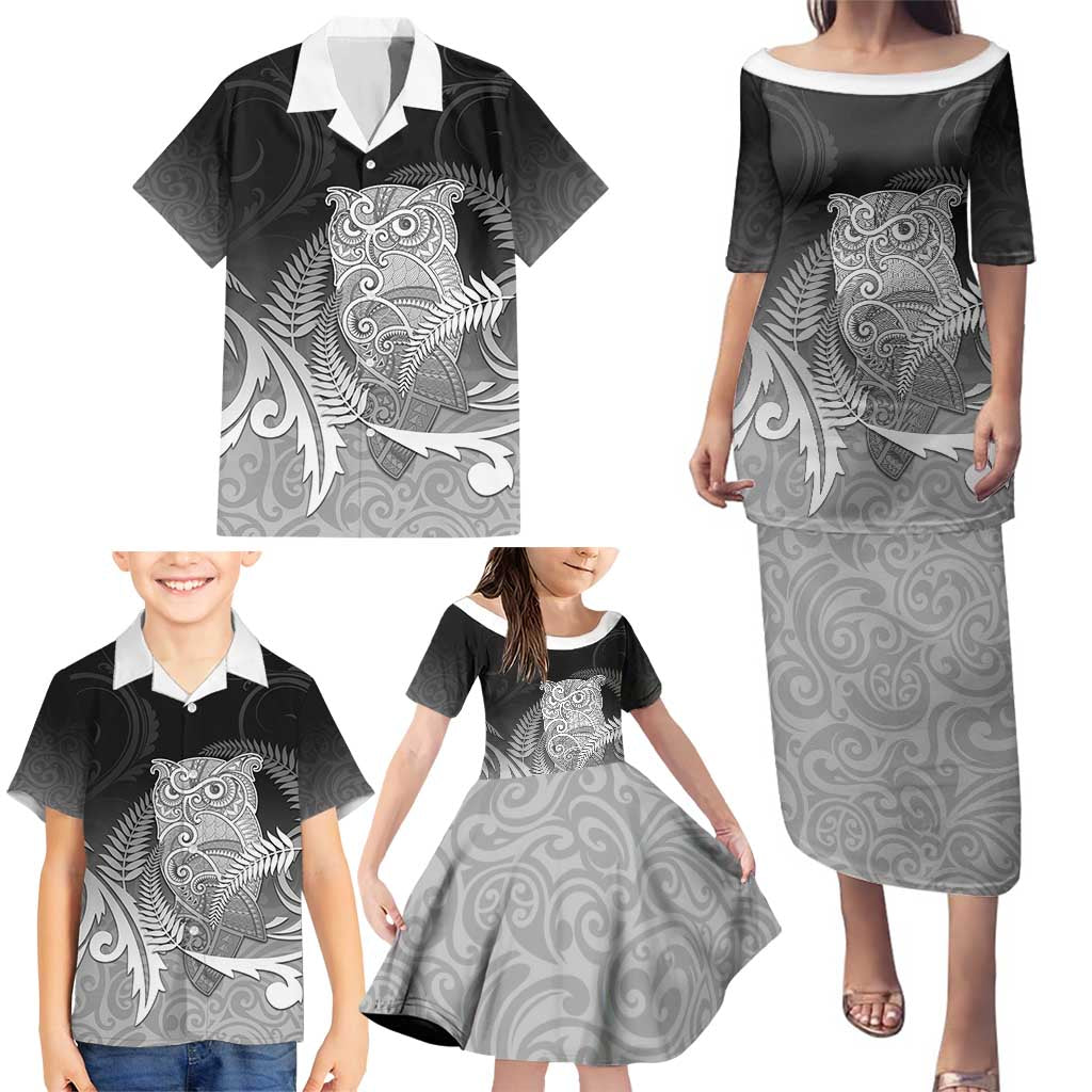 New Zealand Aotearoa Ruru Family Matching Puletasi and Hawaiian Shirt Maori Fern Art Black