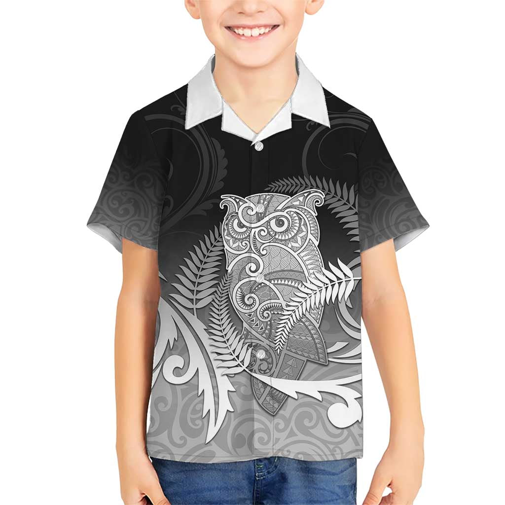 New Zealand Aotearoa Ruru Family Matching Short Sleeve Bodycon Dress and Hawaiian Shirt Maori Fern Art Black