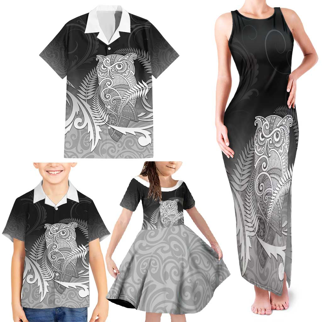 New Zealand Aotearoa Ruru Family Matching Tank Maxi Dress and Hawaiian Shirt Maori Fern Art Black