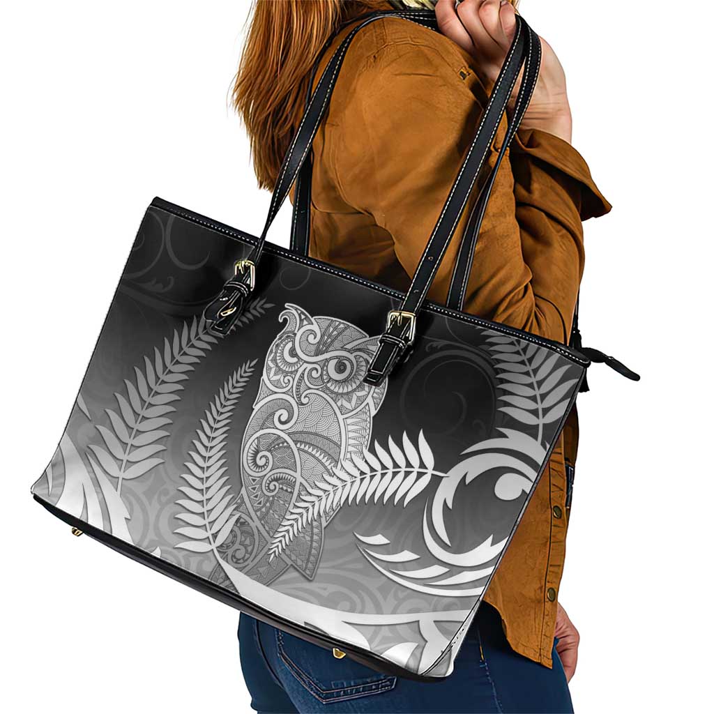 New Zealand Aotearoa Ruru Leather Tote Bag Maori Fern Art Black