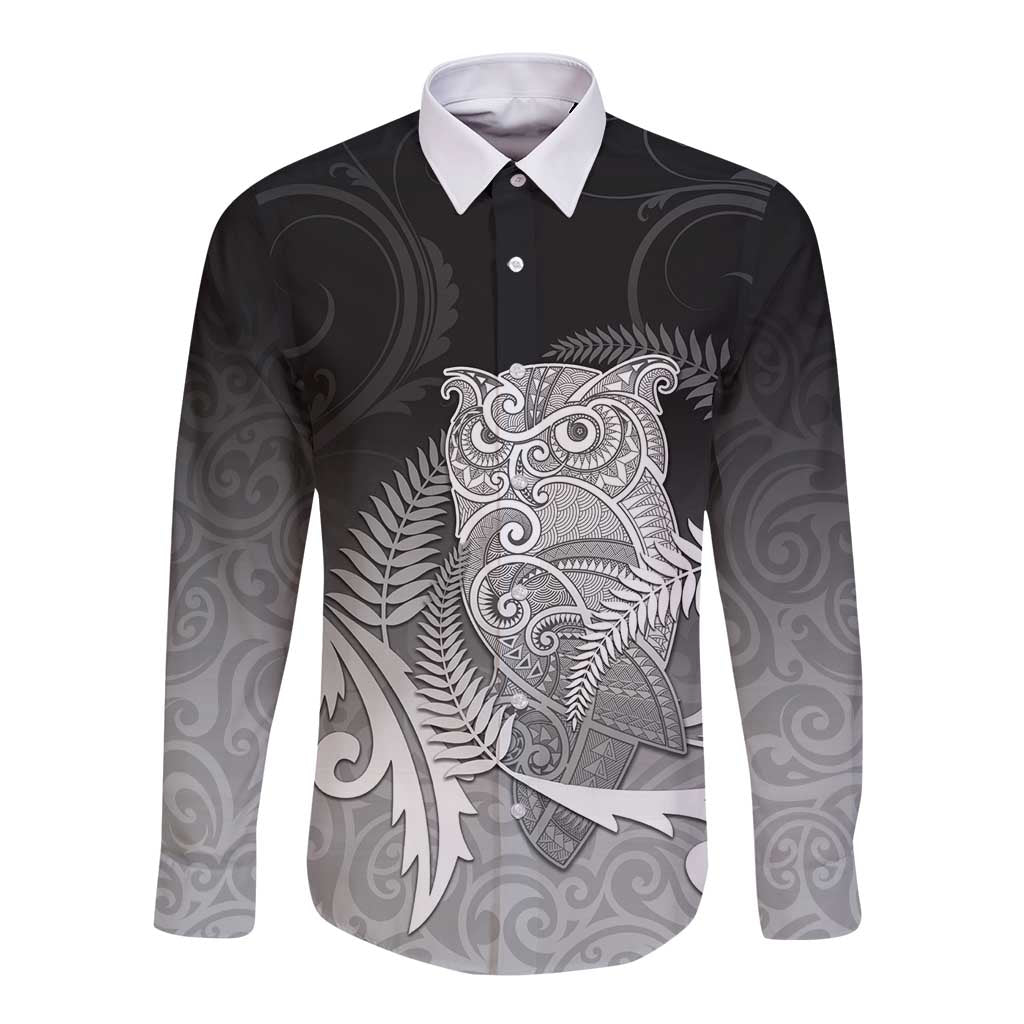 New Zealand Aotearoa Ruru Long Sleeve Button Shirt Maori Fern Art Black