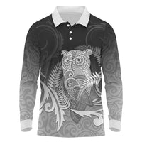 New Zealand Aotearoa Ruru Long Sleeve Polo Shirt Maori Fern Art Black