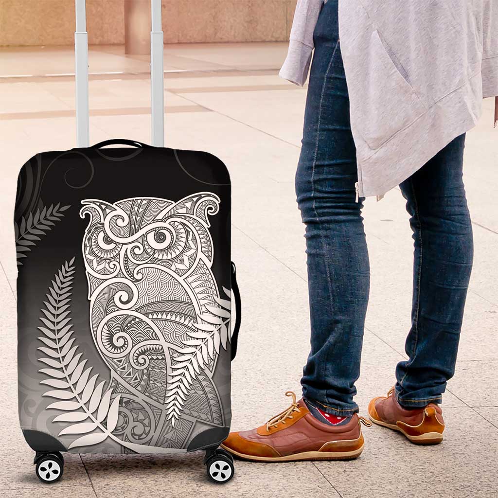 New Zealand Aotearoa Ruru Luggage Cover Maori Fern Art Black