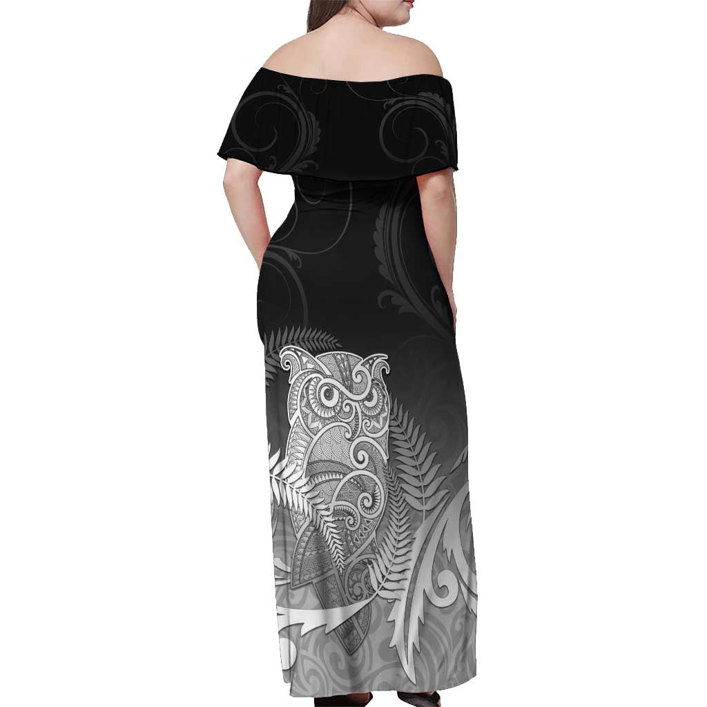 New Zealand Aotearoa Ruru Off Shoulder Maxi Dress Maori Fern Art Black