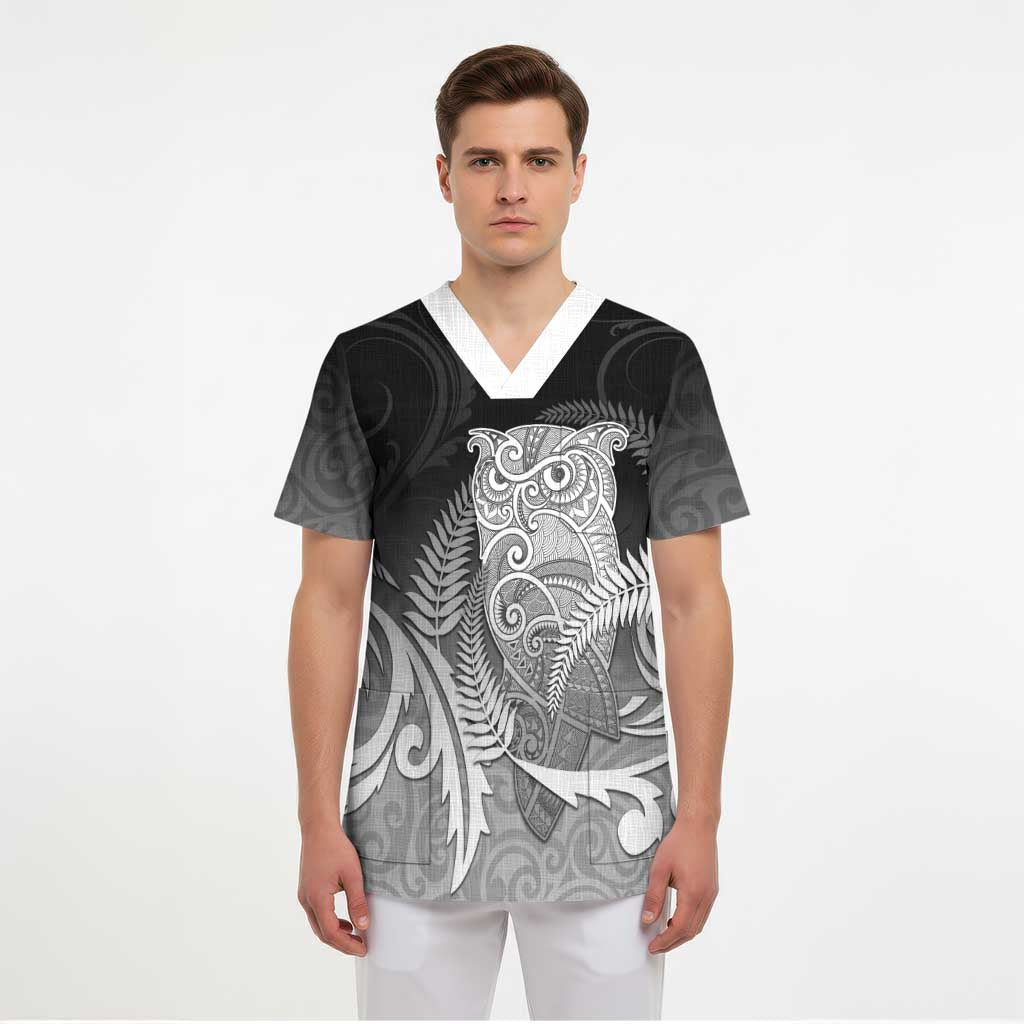 New Zealand Aotearoa Ruru Scrub Top Maori Fern Art Black - Polynesian Pride