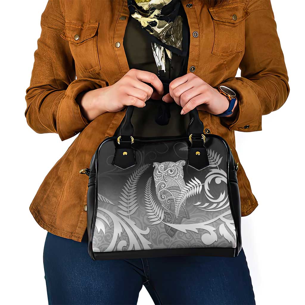 New Zealand Aotearoa Ruru Shoulder Handbag Maori Fern Art Black