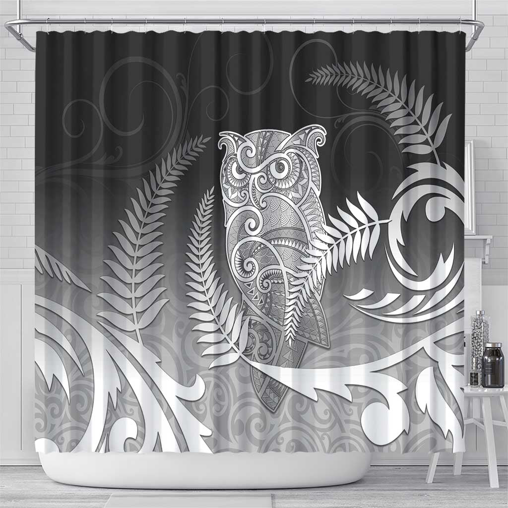 New Zealand Aotearoa Ruru Shower Curtain Maori Fern Art Black