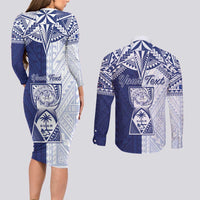 Personalised Northern Mariana Islands And Guam Couples Matching Long Sleeve Bodycon Dress and Long Sleeve Button Shirt Latte Stone With Tribal Pattern