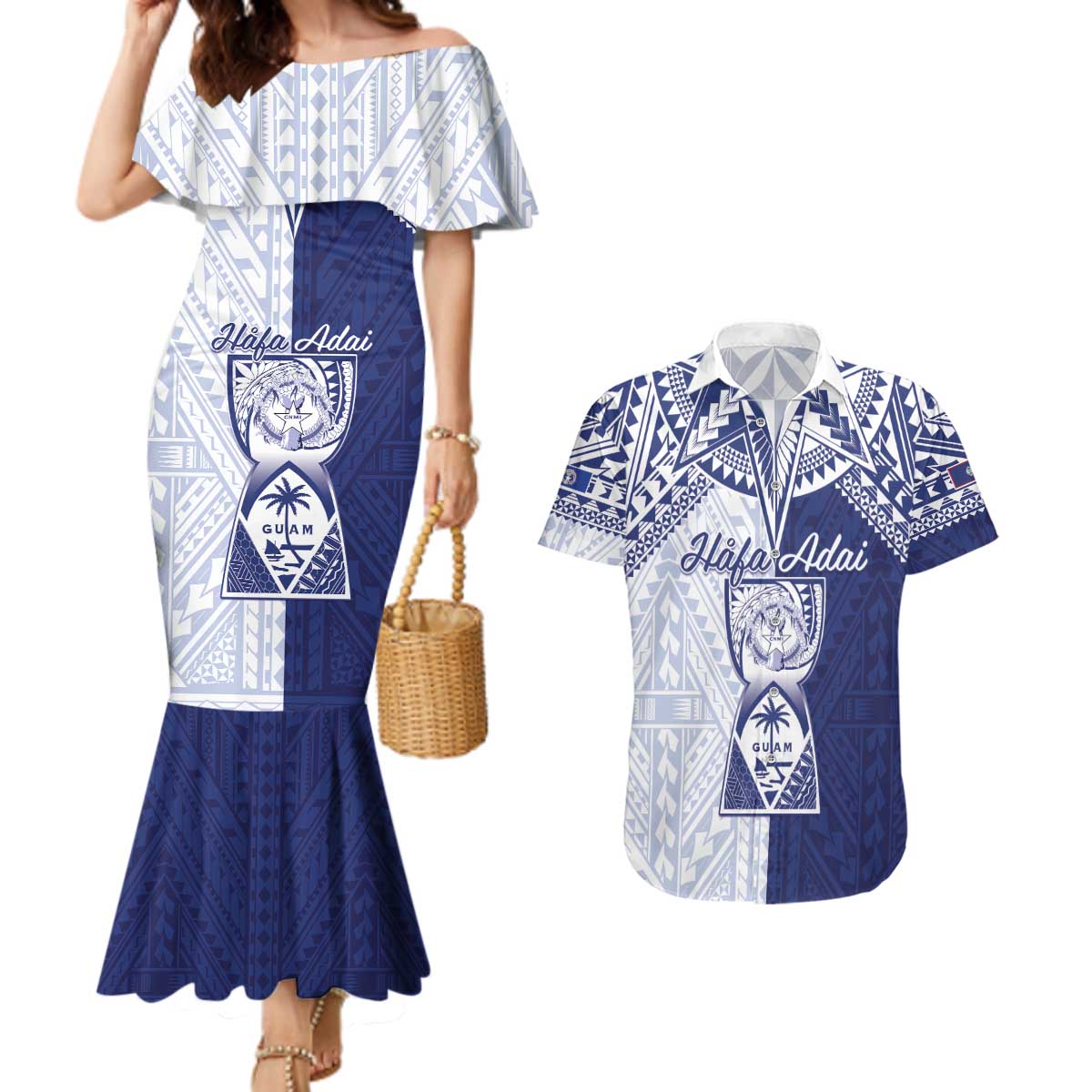 Personalised Northern Mariana Islands And Guam Couples Matching Mermaid Dress and Hawaiian Shirt Latte Stone With Tribal Pattern LT05 Blue - Polynesian Pride