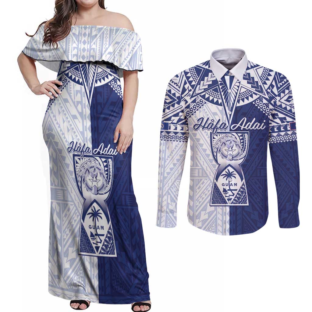 Personalised Northern Mariana Islands And Guam Couples Matching Off Shoulder Maxi Dress and Long Sleeve Button Shirt Latte Stone With Tribal Pattern LT05 Blue - Polynesian Pride