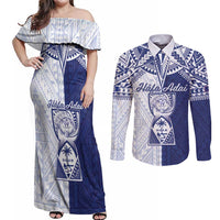Personalised Northern Mariana Islands And Guam Couples Matching Off Shoulder Maxi Dress and Long Sleeve Button Shirt Latte Stone With Tribal Pattern
