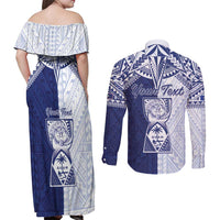 Personalised Northern Mariana Islands And Guam Couples Matching Off Shoulder Maxi Dress and Long Sleeve Button Shirt Latte Stone With Tribal Pattern