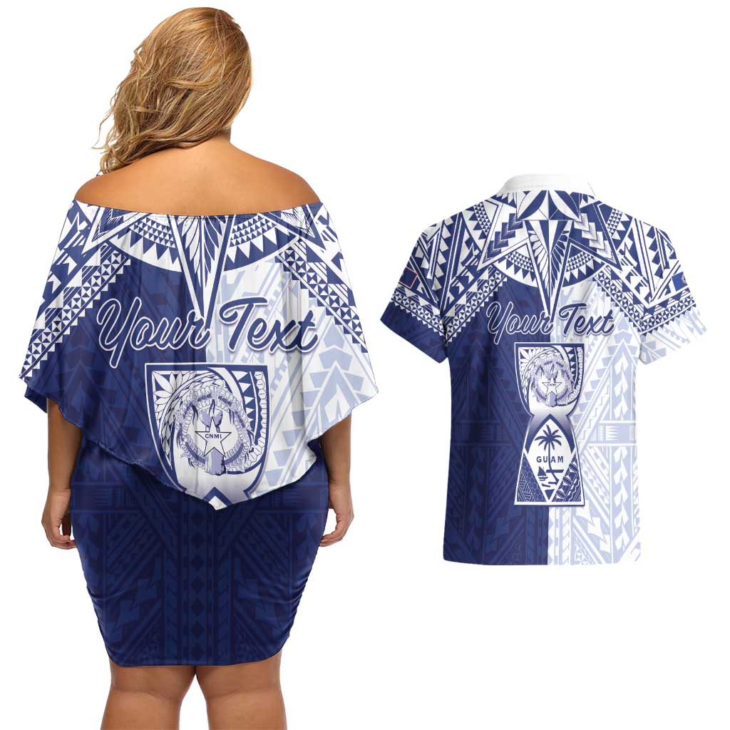 Personalised Northern Mariana Islands And Guam Couples Matching Off Shoulder Short Dress and Hawaiian Shirt Latte Stone With Tribal Pattern