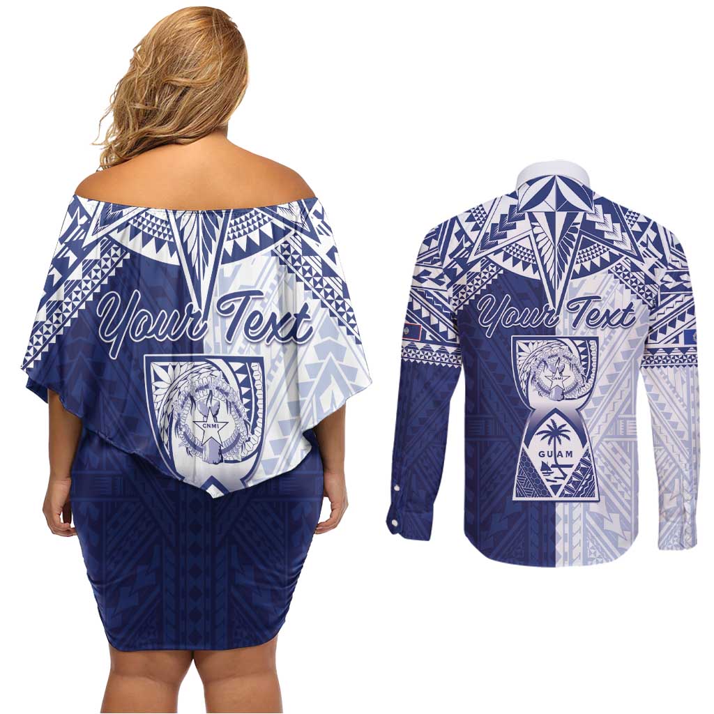 Personalised Northern Mariana Islands And Guam Couples Matching Off Shoulder Short Dress and Long Sleeve Button Shirt Latte Stone With Tribal Pattern