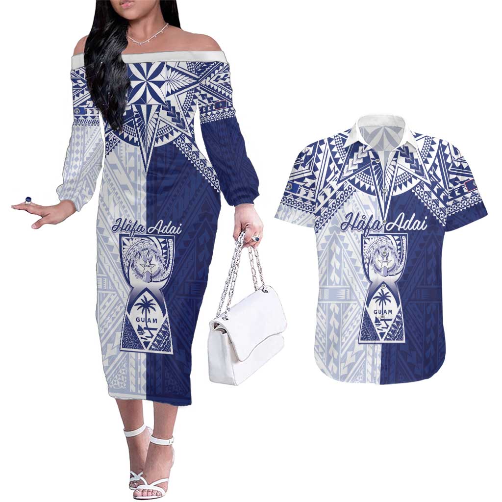 Personalised Northern Mariana Islands And Guam Couples Matching Off The Shoulder Long Sleeve Dress and Hawaiian Shirt Latte Stone With Tribal Pattern