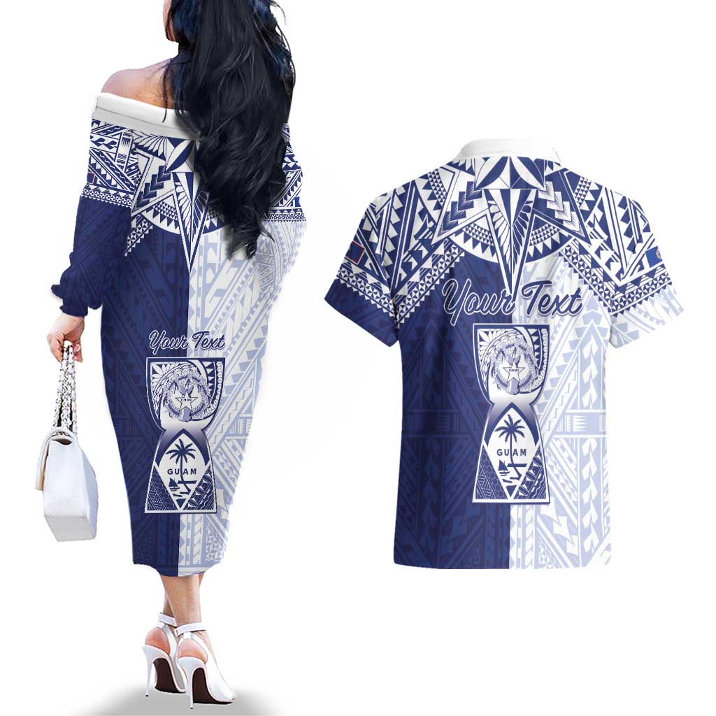 Personalised Northern Mariana Islands And Guam Couples Matching Off The Shoulder Long Sleeve Dress and Hawaiian Shirt Latte Stone With Tribal Pattern