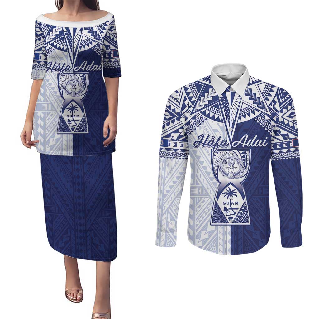 Personalised Northern Mariana Islands And Guam Couples Matching Puletasi and Long Sleeve Button Shirt Latte Stone With Tribal Pattern