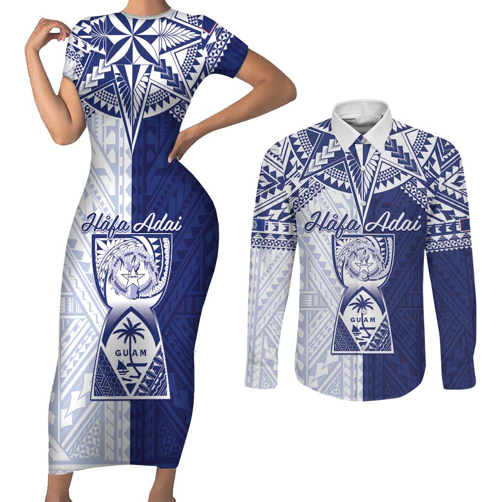 Personalised Northern Mariana Islands And Guam Couples Matching Short Sleeve Bodycon Dress and Long Sleeve Button Shirt Latte Stone With Tribal Pattern LT05 Blue - Polynesian Pride