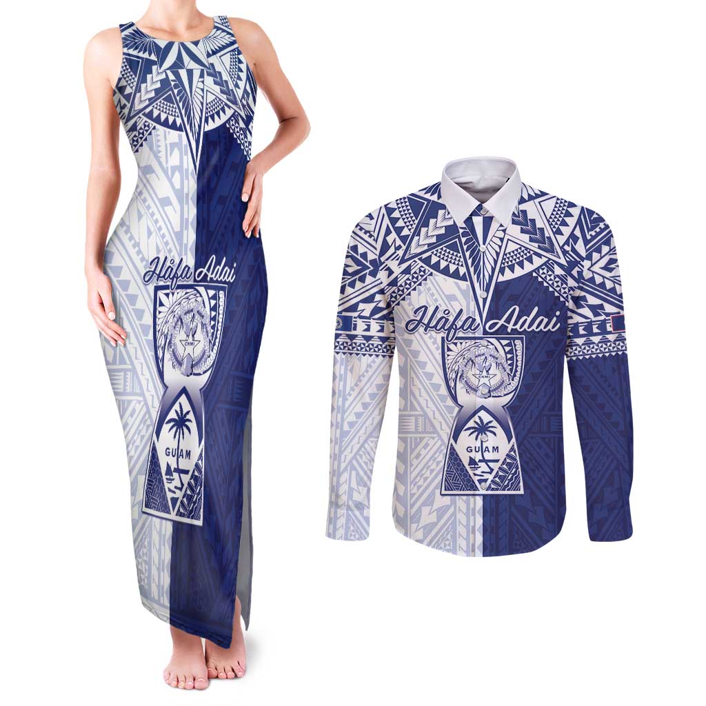 Personalised Northern Mariana Islands And Guam Couples Matching Tank Maxi Dress and Long Sleeve Button Shirt Latte Stone With Tribal Pattern LT05 Blue - Polynesian Pride