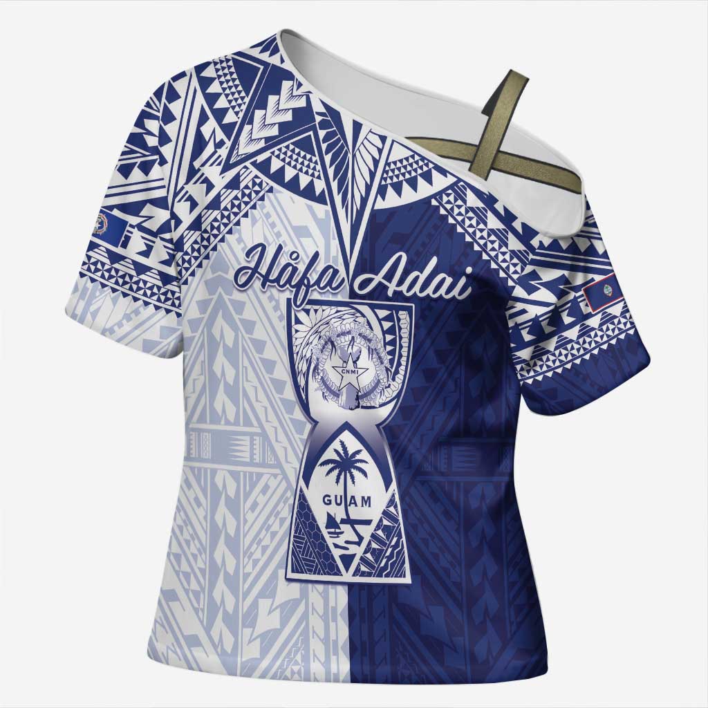 Personalised Northern Mariana Islands And Guam Cross Shoulder Shirt Latte Stone With Tribal Pattern