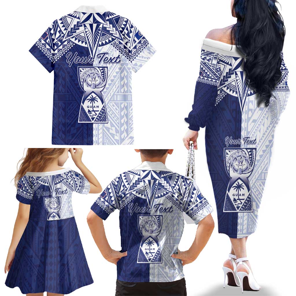 Personalised Northern Mariana Islands And Guam Family Matching Off The Shoulder Long Sleeve Dress and Hawaiian Shirt Latte Stone With Tribal Pattern