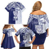 Personalised Northern Mariana Islands And Guam Family Matching Off Shoulder Short Dress and Hawaiian Shirt Latte Stone With Tribal Pattern