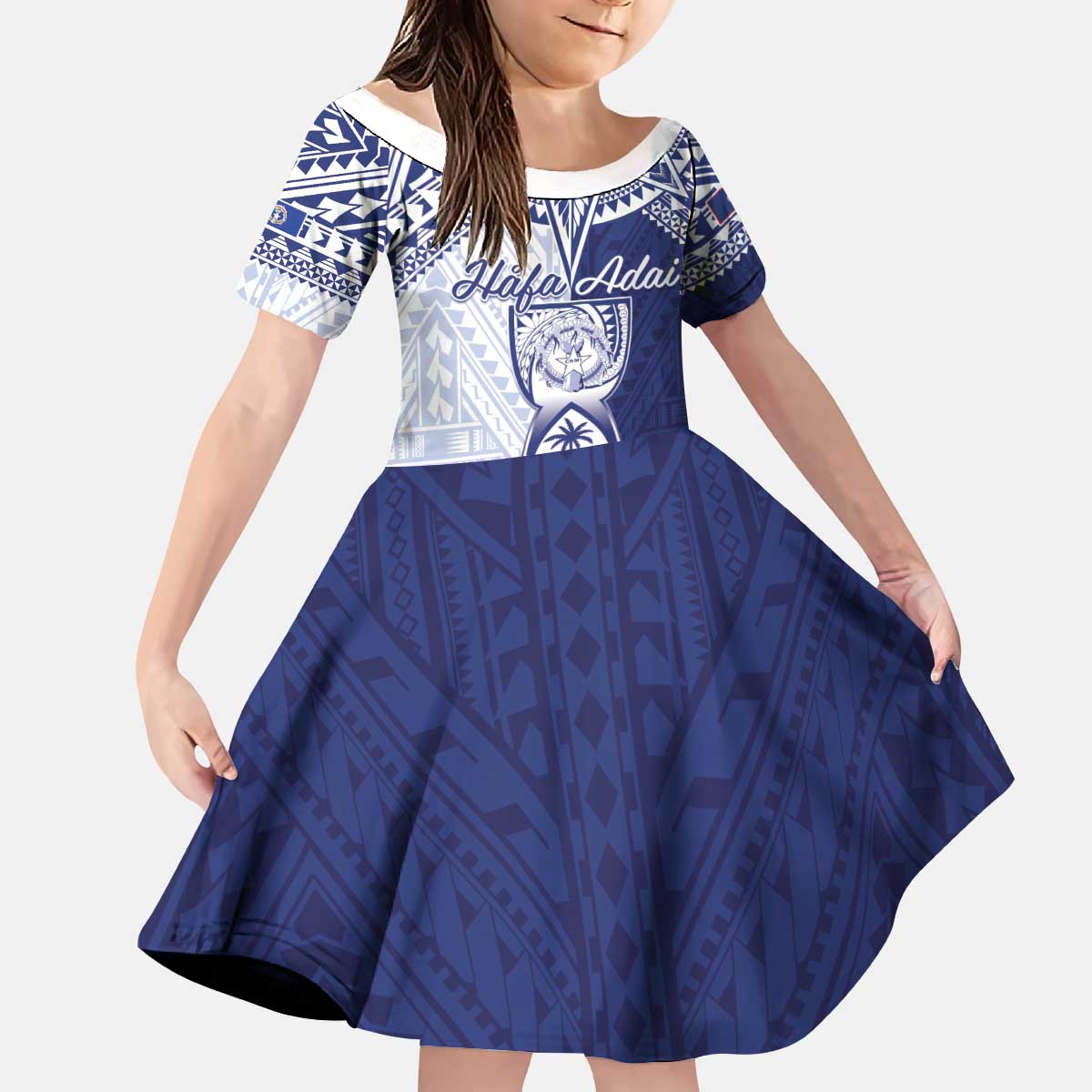 Personalised Northern Mariana Islands And Guam Kid Short Sleeve Dress Latte Stone With Tribal Pattern LT05 KID Blue - Polynesian Pride