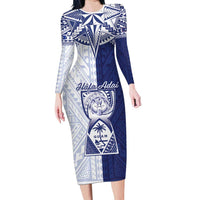 Personalised Northern Mariana Islands And Guam Long Sleeve Bodycon Dress Latte Stone With Tribal Pattern