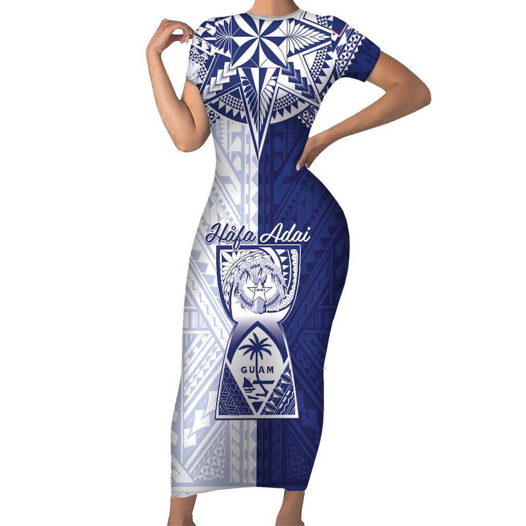 Personalised Northern Mariana Islands And Guam Short Sleeve Bodycon Dress Latte Stone With Tribal Pattern