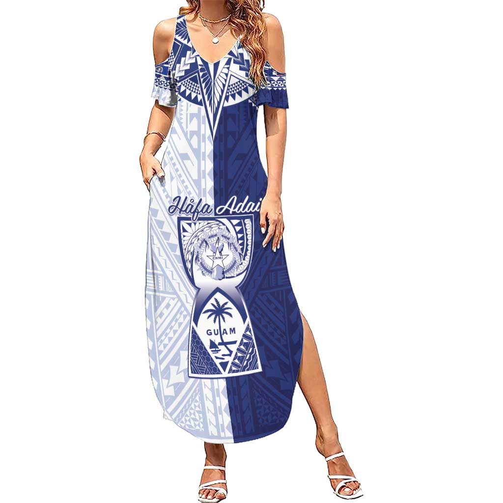 Personalised Northern Mariana Islands And Guam Summer Maxi Dress Latte Stone With Tribal Pattern LT05 Women Blue - Polynesian Pride