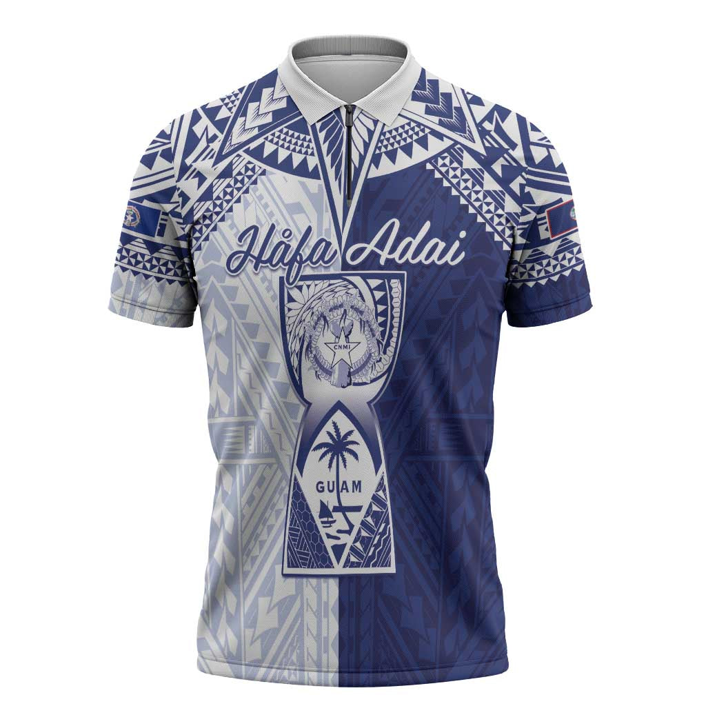 Personalised Northern Mariana Islands And Guam Zipper Polo Shirt Latte Stone With Tribal Pattern