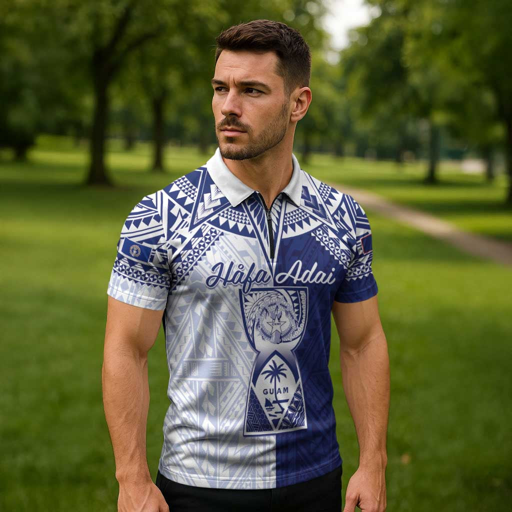 Personalised Northern Mariana Islands And Guam Zipper Polo Shirt Latte Stone With Tribal Pattern