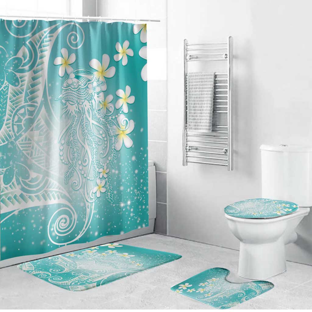 Polynesian Jellyfish Bathroom Set With Plumeria Teal
