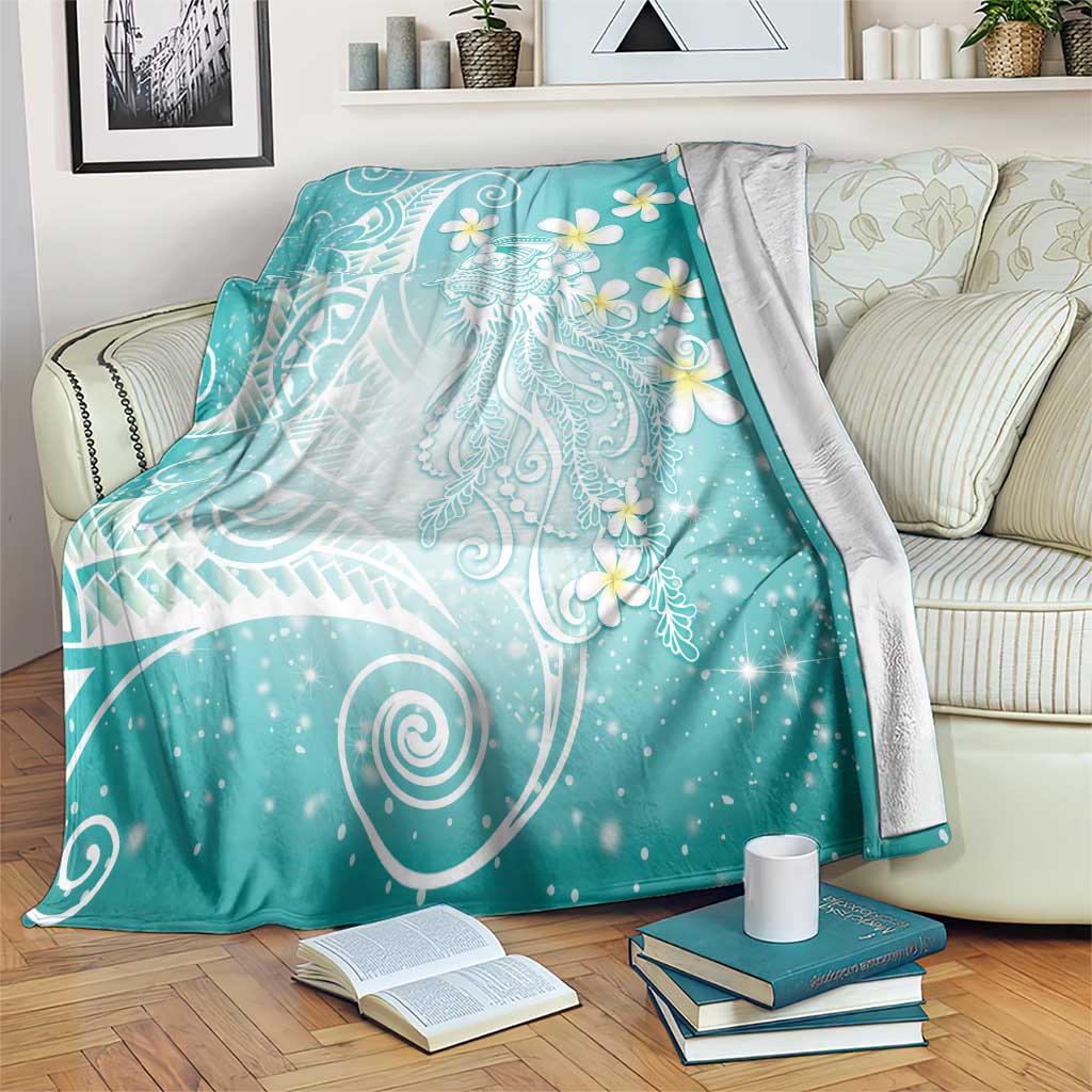 Polynesian Jellyfish Blanket With Plumeria Teal